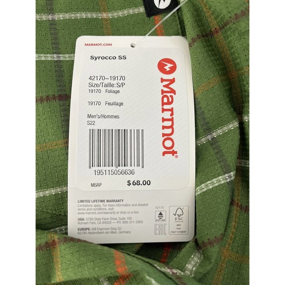 Marmot Small Syrocco SS UPF 25 Button Lightweight Hiking Camp Shirt Green NWT - Picture 7 of 8